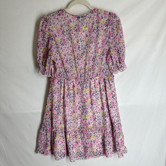 NWT Allison and Kelly Purple Pink Floral Mini Tier Dress Short Sleeve V- Neck L - Picture 2 of 13